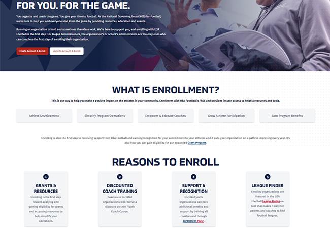 USA-Football-FDM-Enrollment-League-Resources USA Football enrollment info page detailing benefits like program operations and coach education.