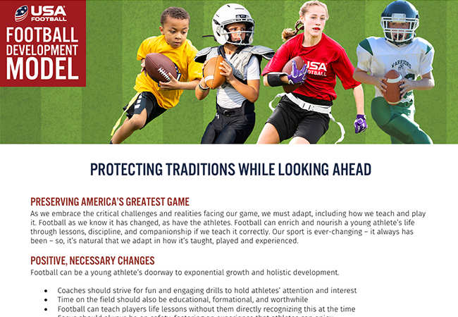 USA-Football-FDM-Protecting-Traditions-PDF-Feature-Image USA Football Football Development Model banner featuring youth flag and tackle football players.